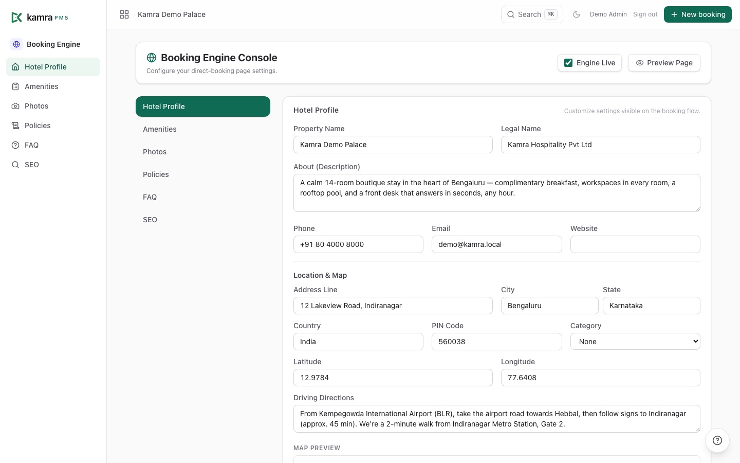 Kamra direct booking page with room cards and dates