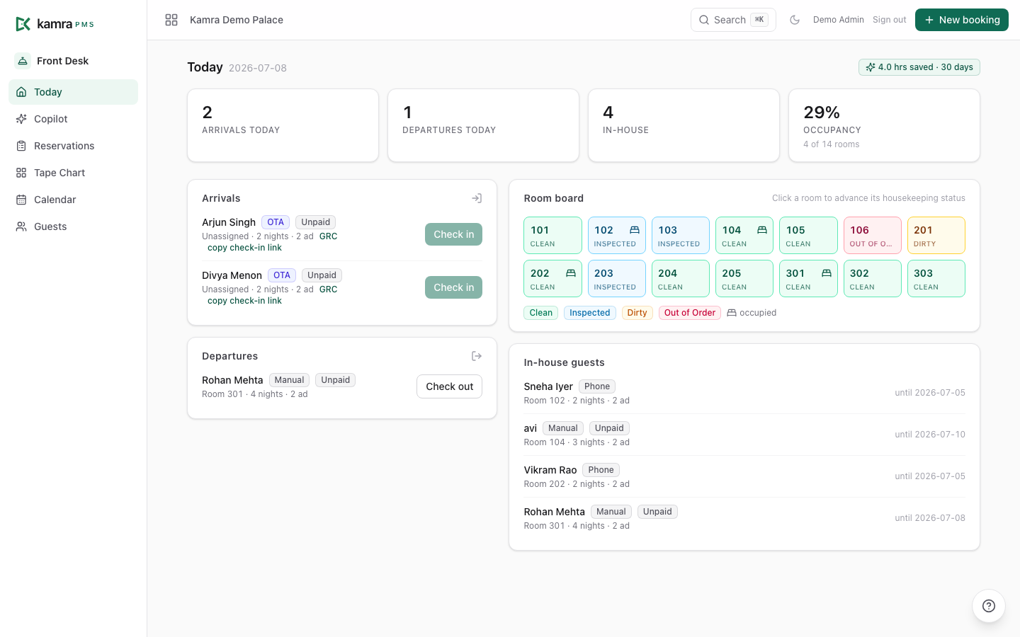 Kamra front-desk dashboard