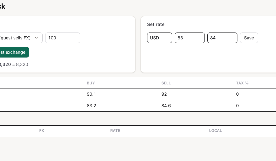 The Currency Desk: the calculator showing 100 USD at the buy rate, the rate table and today's exchanges
