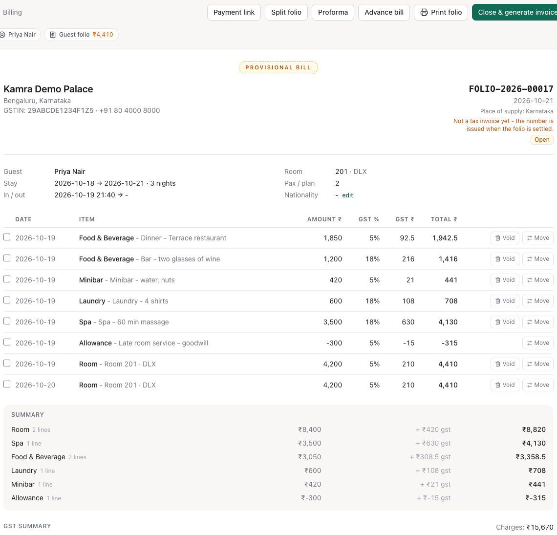 A guest folio: the action bar at the top, the provisional bill with each charge, its tax and total, a summary by charge type and the tax summary