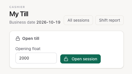 The Open till card on My Till with the opening float and the Open session button