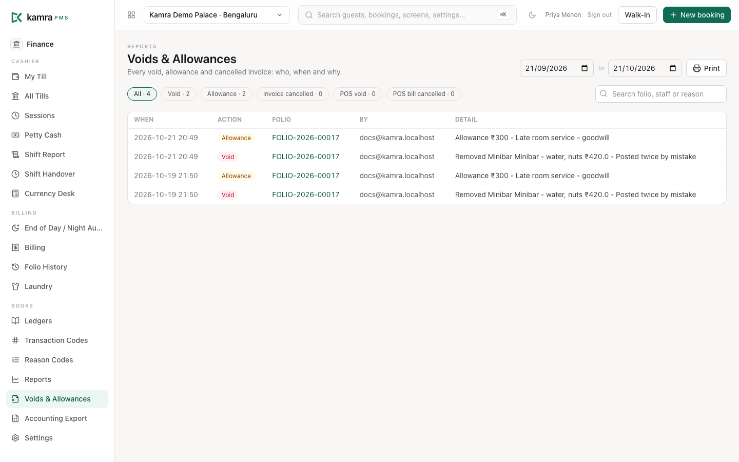 Voids & Allowances: the date range, the filters with their counts, and each void, allowance and cancelled invoice with its folio, who did it and the reason
