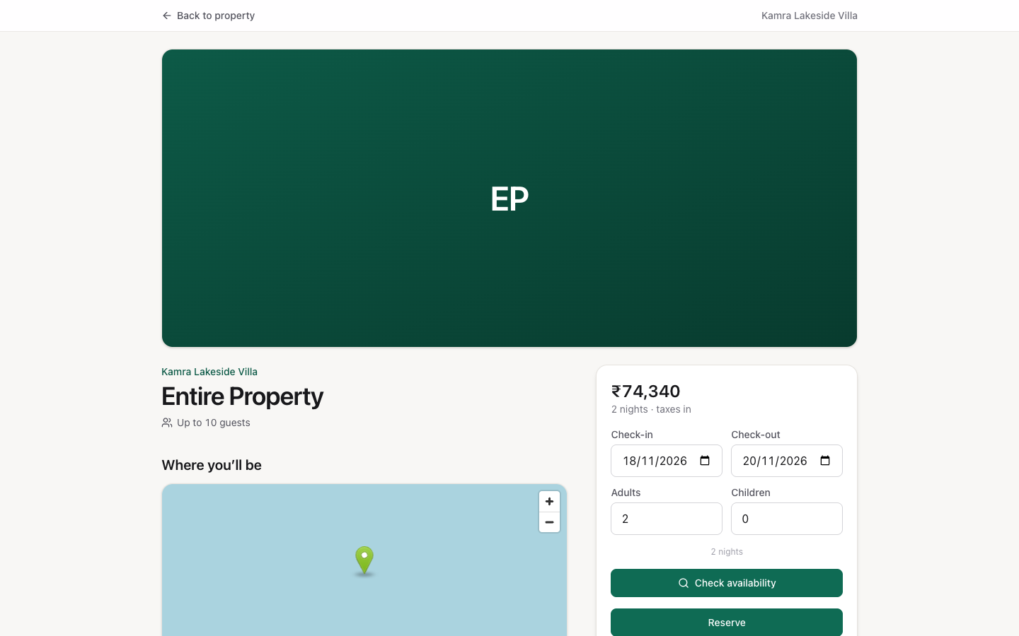 The listing page for the Entire Property at Kamra Lakeside Villa, with the price for two nights