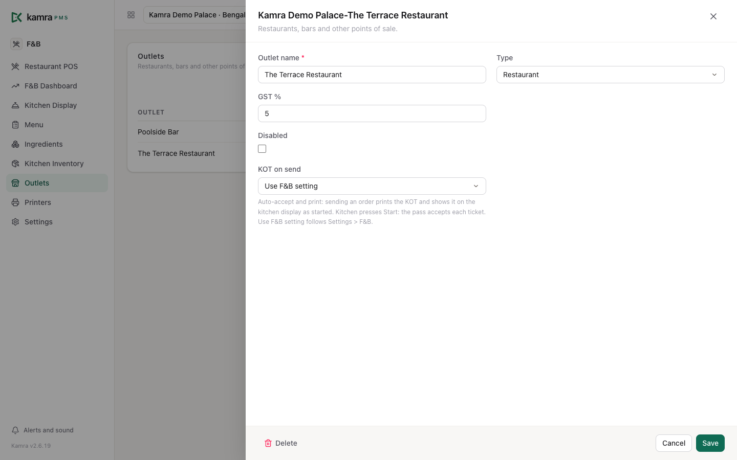 An outlet record with its type, tax rate, tables and the KOT on send setting