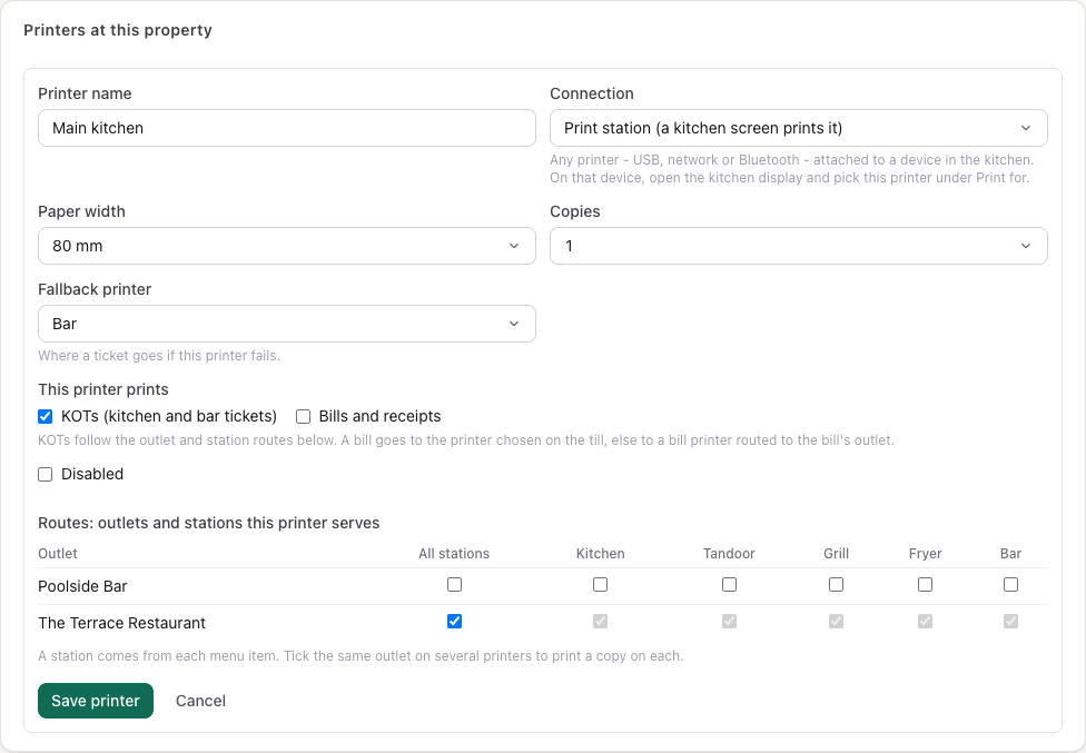 The printer form: name, connection, paper, copies, fallback and the outlets × stations grid