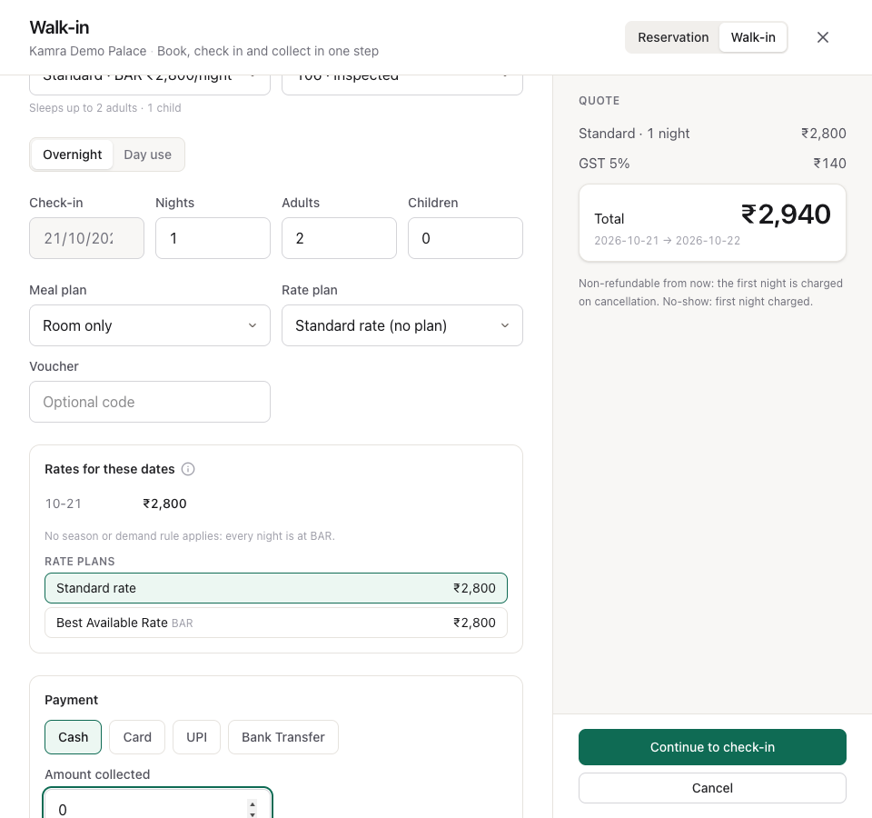 The walk-in screen filled in: guest, phone, Aadhaar ID, Standard room 105, one night, cash payment, and the live quote on the right