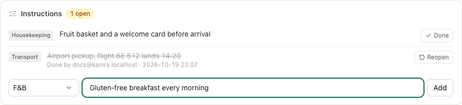 The Instructions card on a reservation: a fruit basket for housekeeping still open, an airport pickup done, and the box to add another