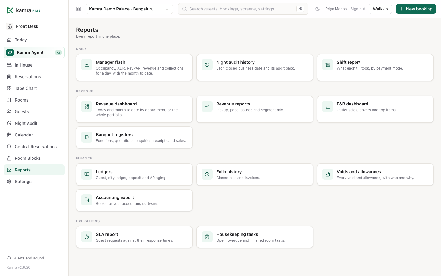 Reports: every report in one place, grouped as Daily, Revenue, Finance and Operations