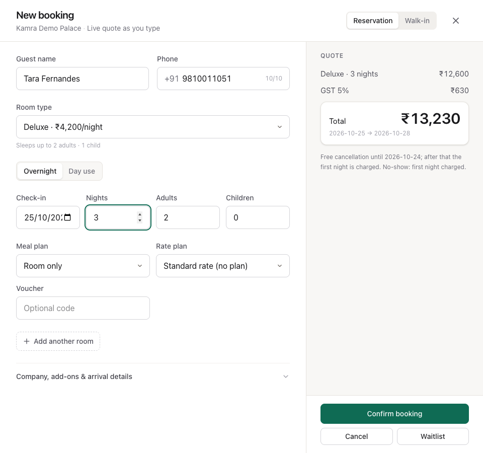 The New booking window: guest, phone, room type, dates, party and meal plan on the left, and the live quote with the cancellation terms on the right
