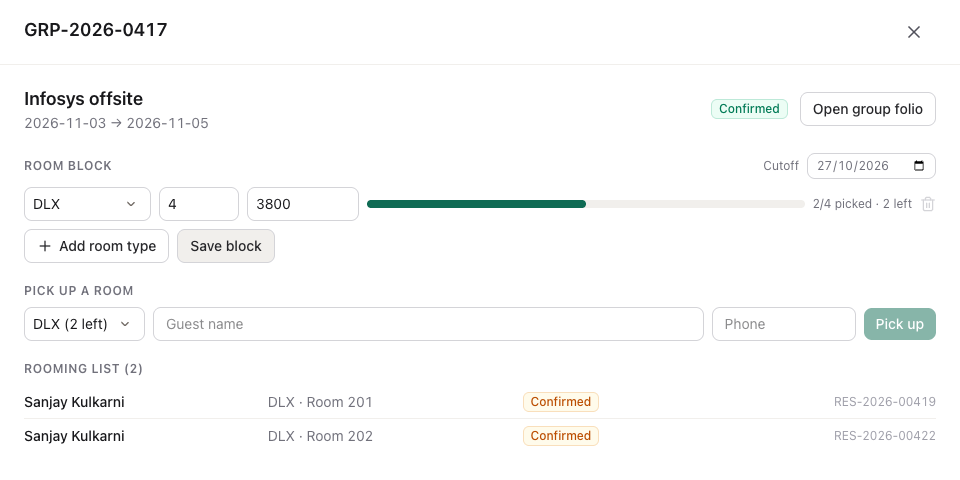 A group with a block of four Deluxe rooms, two picked up, the pickup form and the rooming list