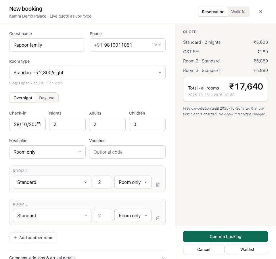A booking for three Standard rooms: rooms 2 and 3 added under the first, and the quote showing the total for all rooms