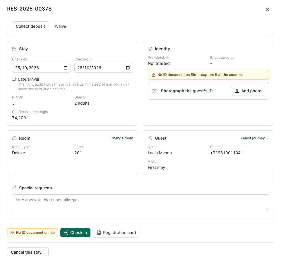 The lower half of the panel: stay, identity, room and guest cards, special requests, and the Check in, Registration card and Cancel this stay buttons