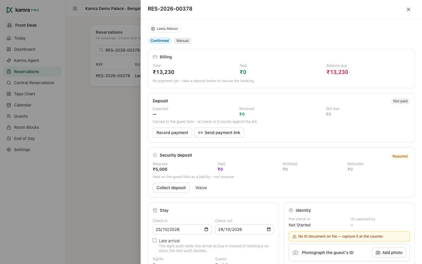The detail panel of a confirmed booking: status and source, billing totals, the deposit and security deposit, then stay dates and identity