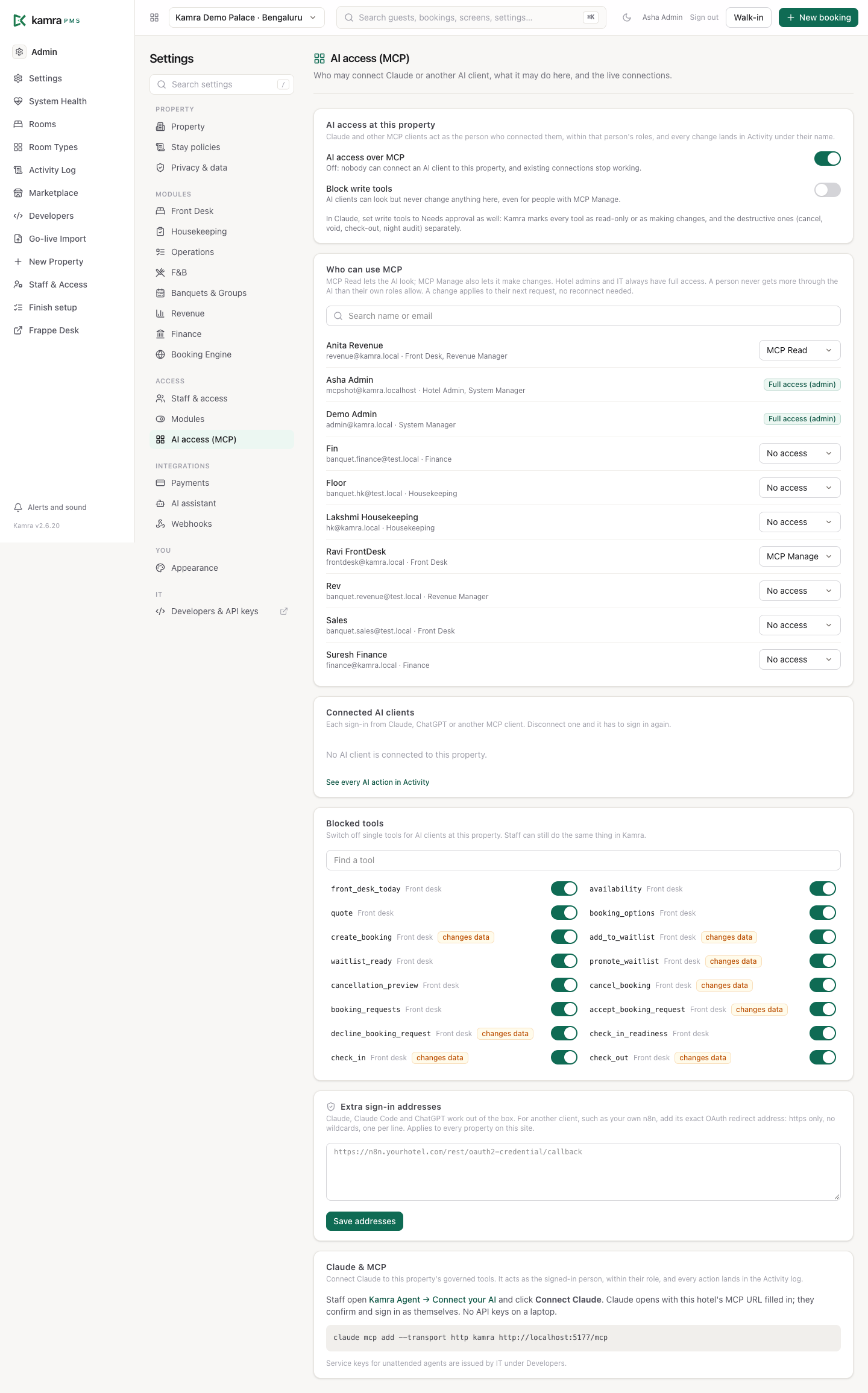AI access (MCP): the property switches, each person's MCP role, connected clients and blocked tools