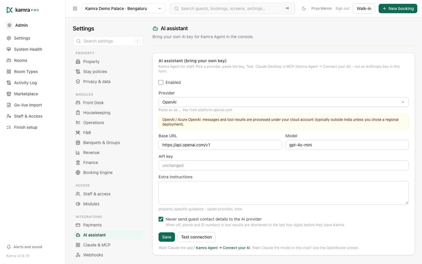 AI assistant settings: provider, model and key