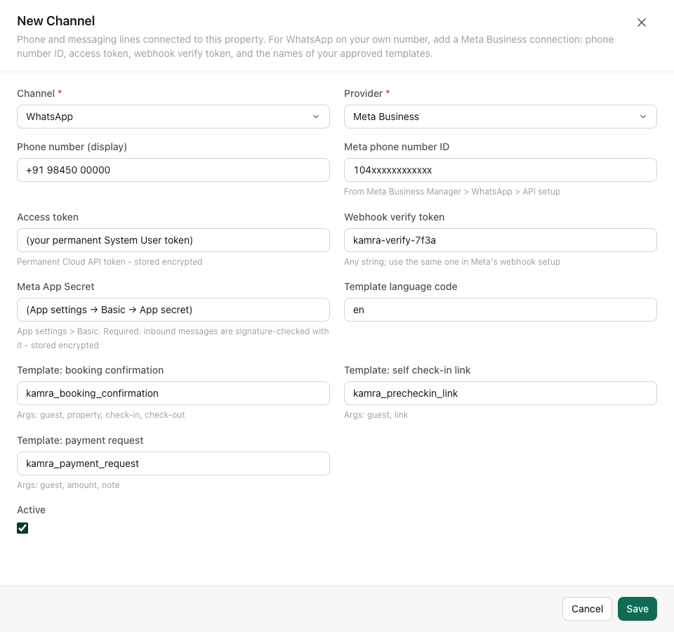 The New Channel form filled in for WhatsApp on Meta Business, with the template names from Step 4