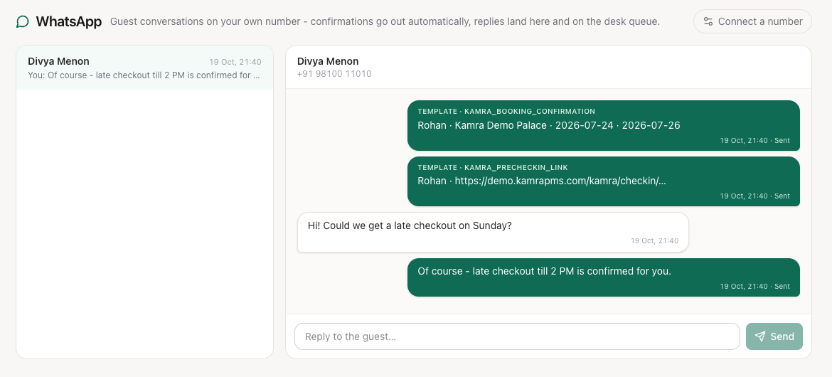 The WhatsApp inbox: one guest thread with the booking confirmation and check-in link templates, the guest's question and the desk's reply